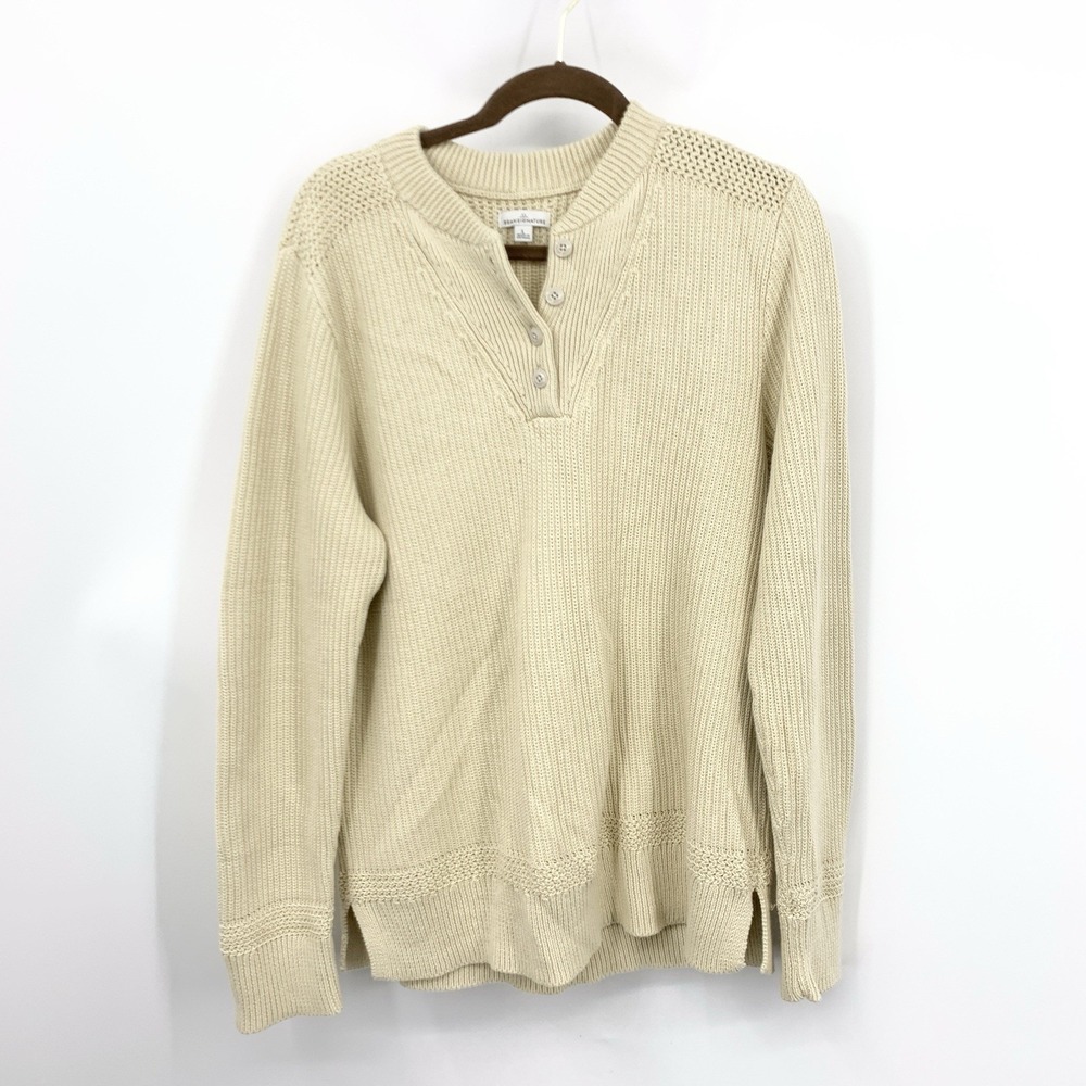 LL Bean Signature Men Size Large Sweater Cream Beige Cotton Knit Henley Top